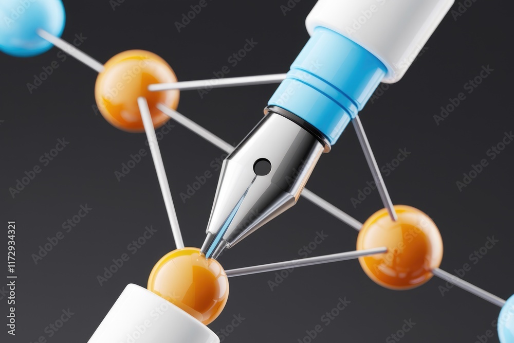 Aufkleber a fountain pen pierces a network of interconnected spheres, symbolizing the connection between writi