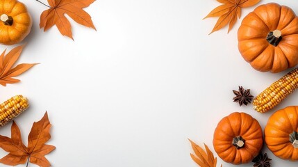 A photostock of a rustic Thanksgiving-themed flat lay featuring pumpkins, autumn leaves, and dried corn on a seamless white background. High Quality