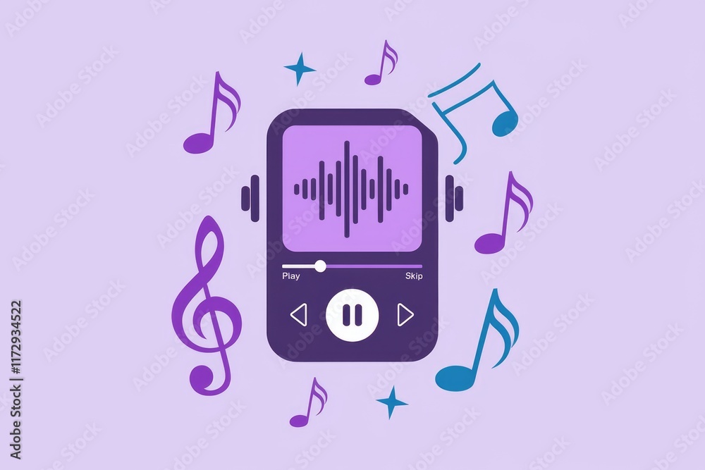 Poster a purple music player with sound waves and musical notes displayed around it, suggesting music playb