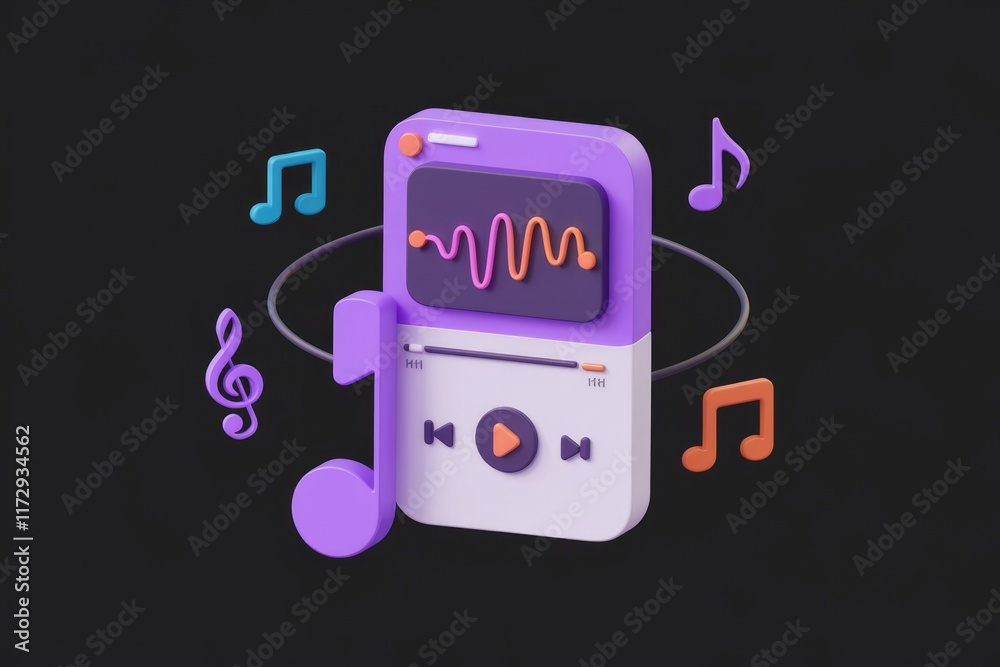 Poster 3d illustration of a mobile music player with sound waves and musical notes.