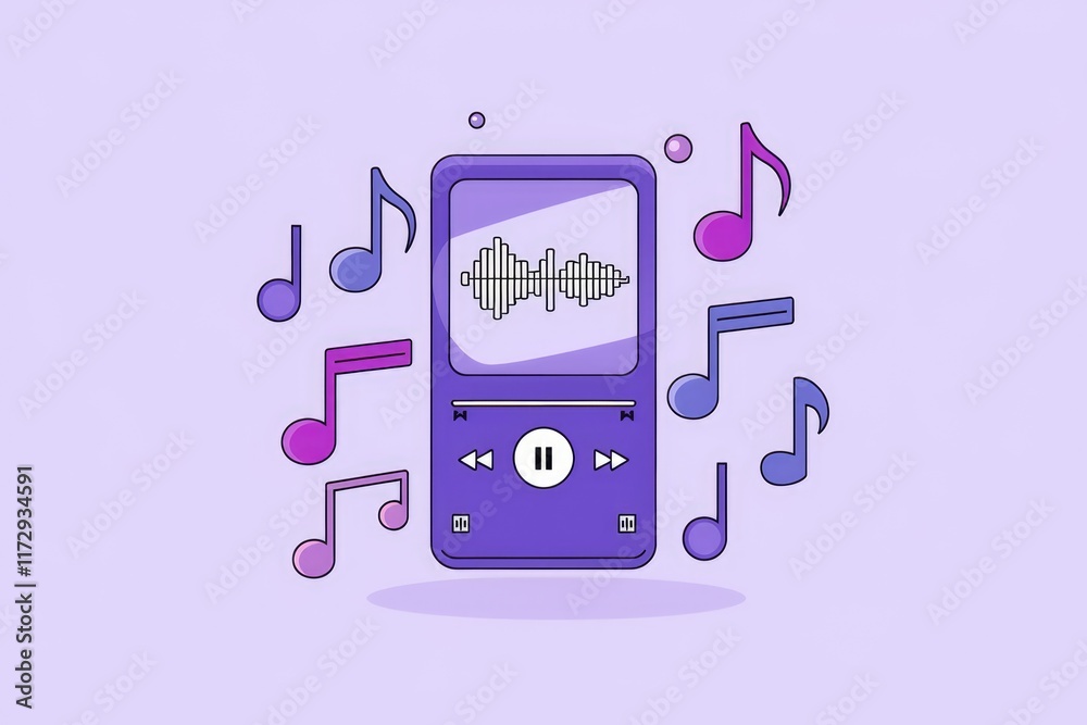 Poster a purple mp3 player displaying a music waveform, surrounded by musical notes, symbolizes digital aud