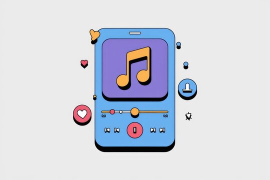 Mobile music player interface with music note, play, pause, download, and like buttons.