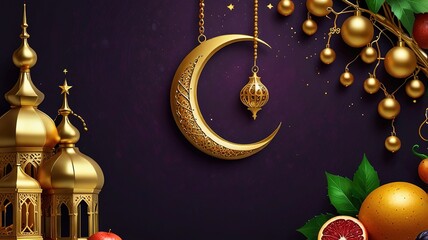 Ramadan background . Golden Ramadan moon decor with Islamic rosary beads and dates fruit.