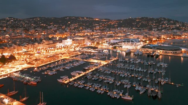 Aerial view of the Cannes at night, Cote d'Azur, southern France.