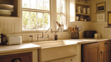 Fototapeta premium A cozy kitchen featuring a sink, utensils, and natural light.