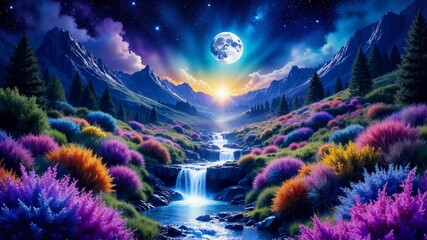 A beautiful landscape with a large moon in the sky