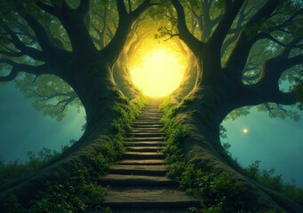 Magical stairway through an ancient tree leading to a mysterious light source