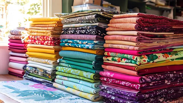 Vibrant fabric stacks transform into artistic colorful patterns