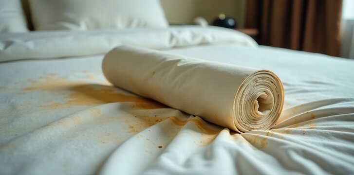 A white roll on a dirty hotel bed with stained sheets, dirt, messiness