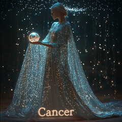 A mystical woman in a flowing silver gown stands under a starry sky, holding a glowing orb representing the moon
