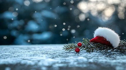 Festive Santa hat on snowy surface with winter greenery, snowfall background; ideal for holiday cards