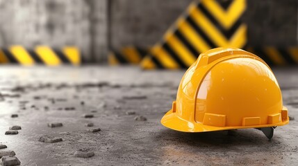 Yellow hard hat on construction site floor