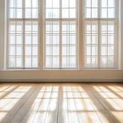 Bright room with large windows casting shadows on wooden floor.