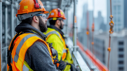 Construction workers observing city skyline from scaffolding