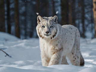 Fototapeta premium White Lynx: The life and habitat of the white lynx, focusing on its ability to camouflage in snowy forests and hunt prey.