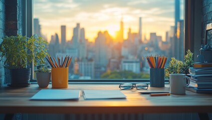 Desk with a view of the city at sunset