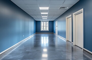 Empty blue hallway with reflective floor.