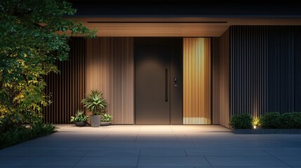 Modern entrance with sleek design and warm lighting