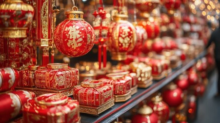 Naklejka premium Red Chinese lanterns and ornaments displayed on shelves at a market.