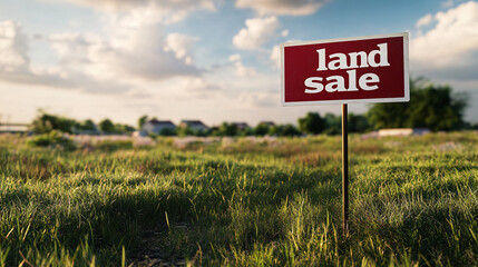 A photorealistic image of land with a "For Sale" sign, displaying the text "Land Sale," set in an open, natural landscape, ideal for potential buyers.

