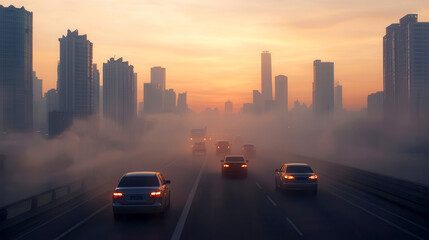 Obraz premium City skyline at dawn with fog and traffic on the highway