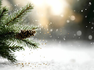 Snowy pine branch with cone, winter wonderland background, bokeh effect, ideal for holiday cards