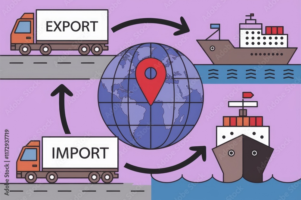 Poster global trade and logistics: export and import processes using trucks and ships for worldwide deliver