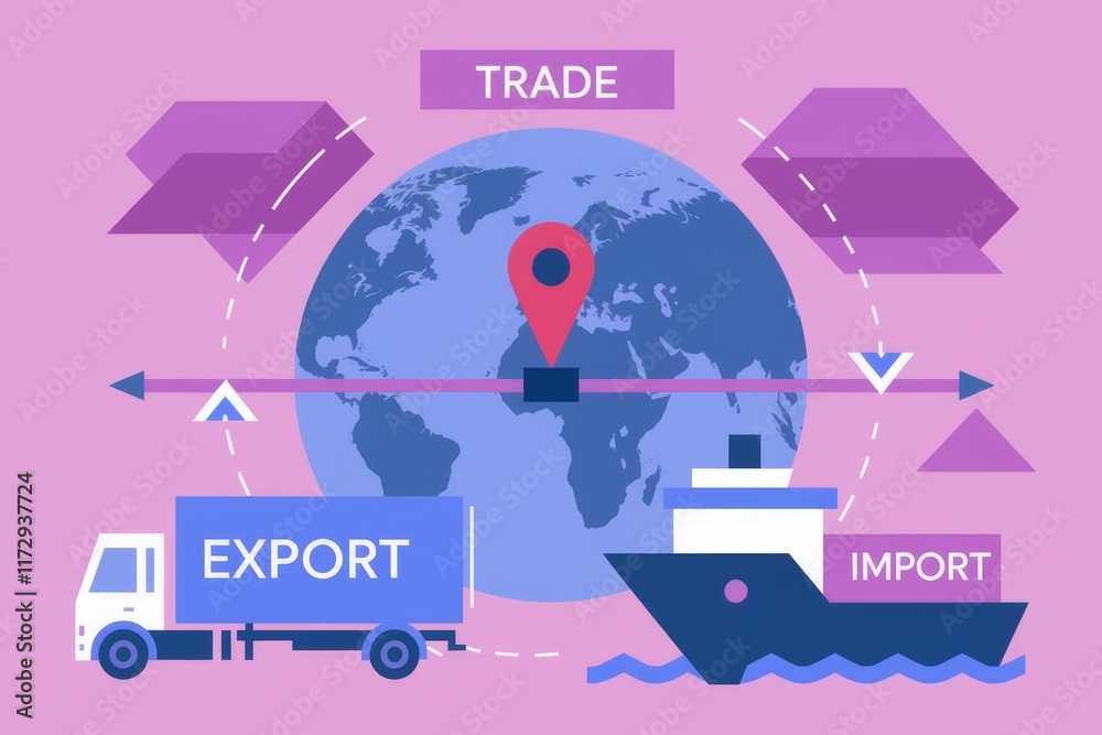 Poster global trade visualized: export and import processes illustrated with a truck and ship around the wo