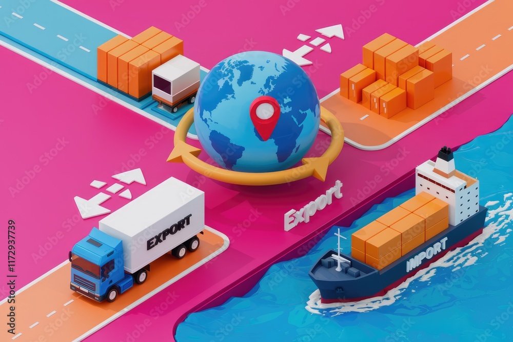 Poster Global export and import process visualized with trucks and cargo ship.