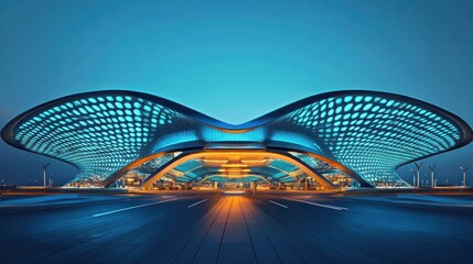 Obraz premium Illuminated Architectural Marvel: A Futuristic Transportation Hub at Dusk