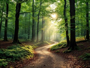 Obraz premium Enchanted forest pathway with sunlight streaming through lush green trees