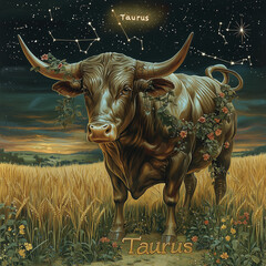 A powerful bull with gleaming, muscular features stands in a lush green meadow, surrounded by golden wheat fields