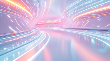 A light-colored technology curve with white and pink neon accents on a clean, modern background, creating a futuristic and soft design aesthetic.

