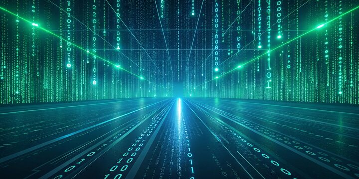 Cyberpunk Digital Matrix with Raining Code and Futuristic Grid Floor V3