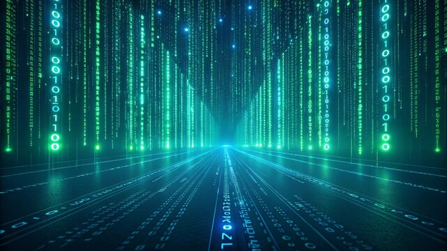 Cyberpunk Digital Matrix with Raining Code and Futuristic Grid Floor V4