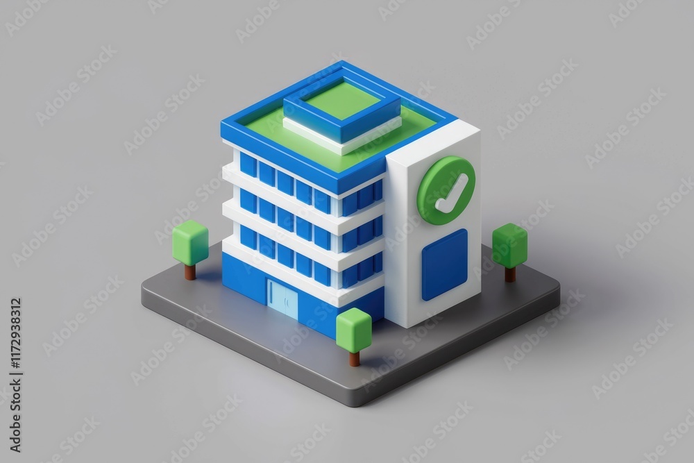 Aufkleber a 3d isometric rendering of a modern office building, featuring a green roof and a checkmark symbol,