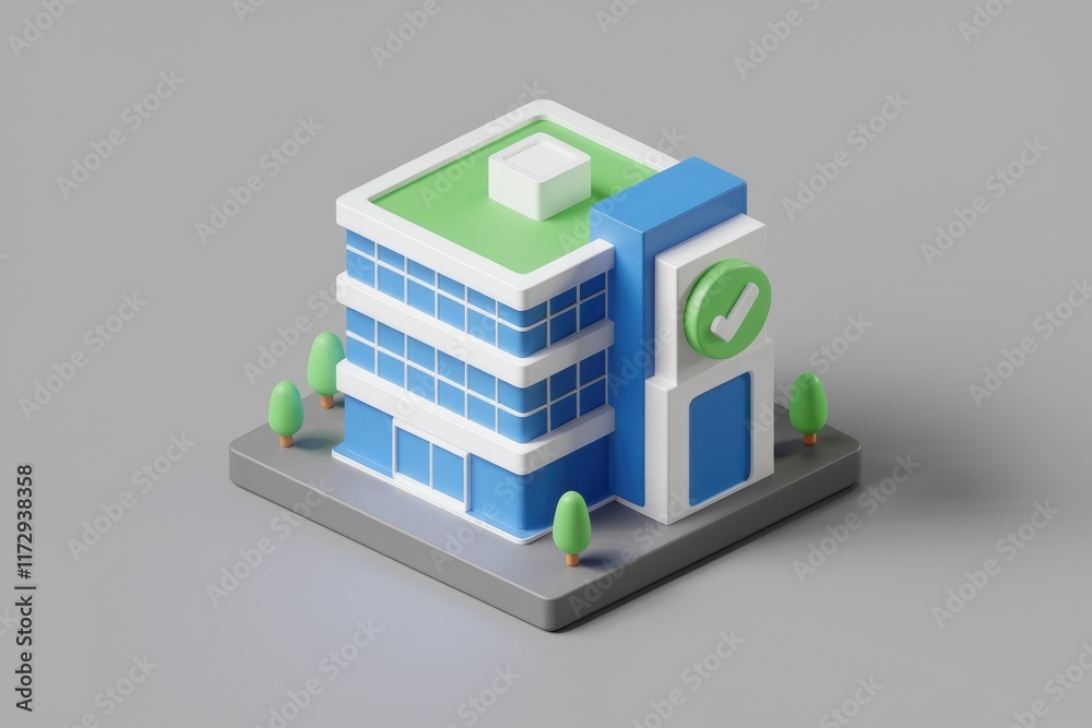 Aufkleber a 3d model of a modern office building with a green roof and a checkmark, symbolizing approval or co