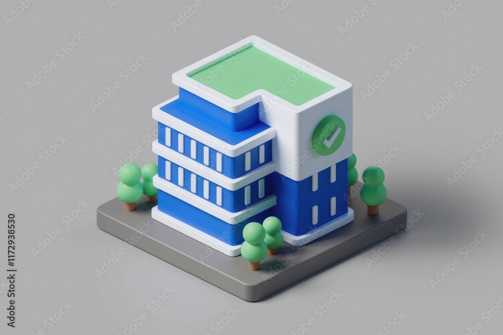 Aufkleber a 3d model of a blue building with a green roof and a checkmark, surrounded by small trees.