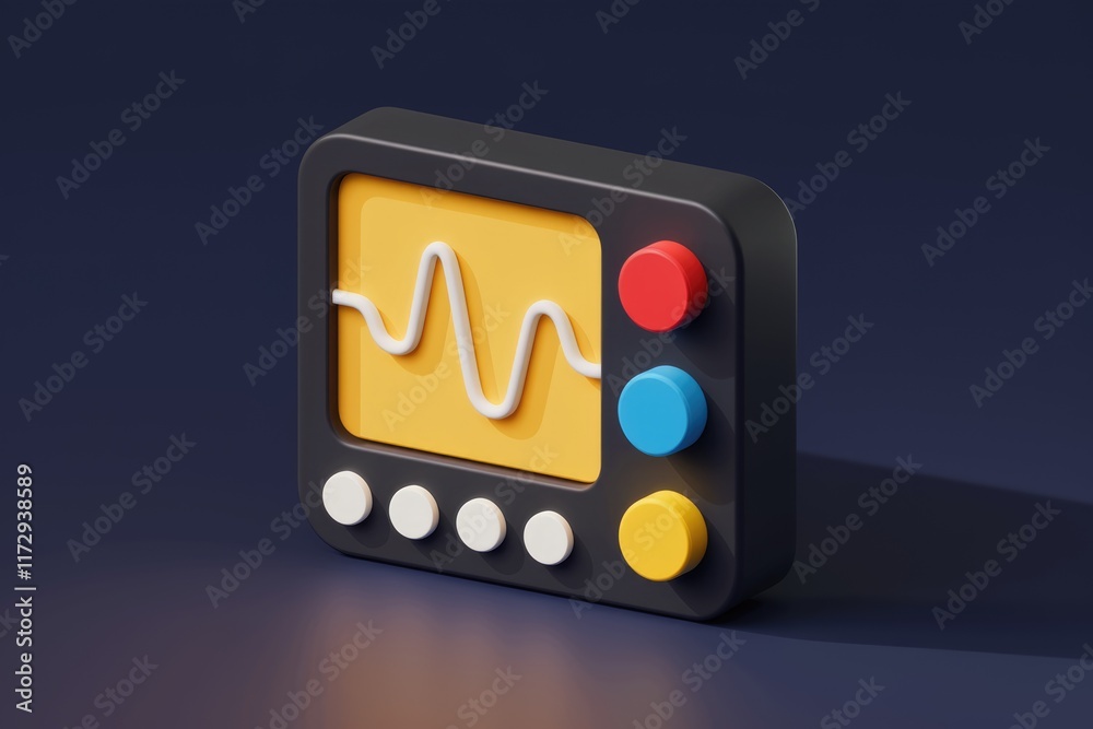 Fototapete A 3D rendering of a retro-styled device displaying a waveform, featuring colorful buttons and a sleek design.