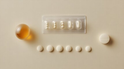 Medicine pills capsules and liquid in a beige background