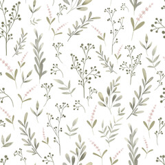 Fototapeta premium Seamless botanical pattern. Watercolor illustration of field herbs. Isolated illustration on white background. Suitable for textiles and typography.