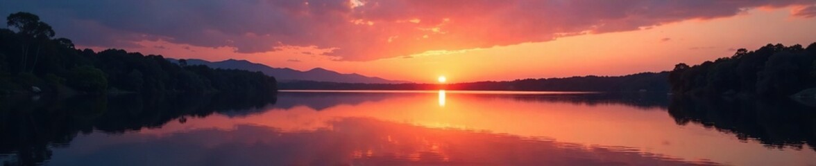 Naklejka premium Evening sky reflected in a calm lake with amber capturing sun's last rays, calmness, evening, sun