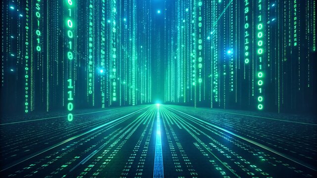 Cyberpunk Digital Matrix with Raining Code and Futuristic Grid Floor V5