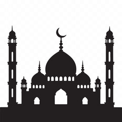 Black silhouette of a Islamic mosque and crescent with lanterns isolated on white background