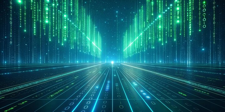 Cyberpunk Digital Matrix with Raining Code and Futuristic Grid Floor V8