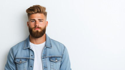 young man with stylish haircut and beard poses against light background, exuding confidence and modern style.