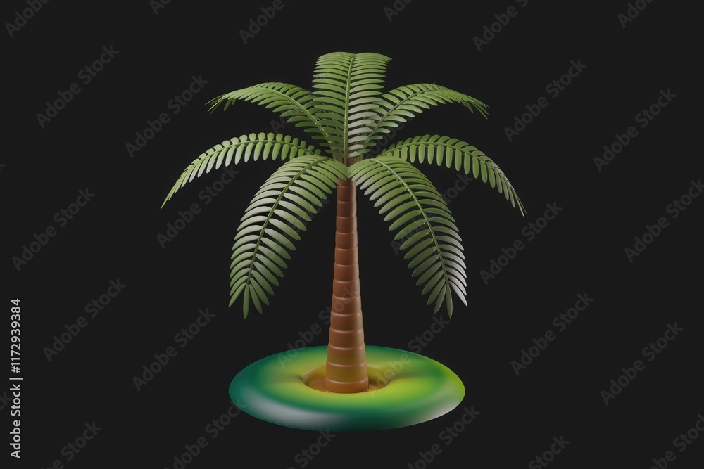 Aufkleber A stylized 3D render of a single palm tree on a vibrant green base, isolated against a black backdrop.