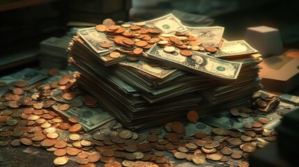 A large stack of dollar bills and coins sits on a dark surface.