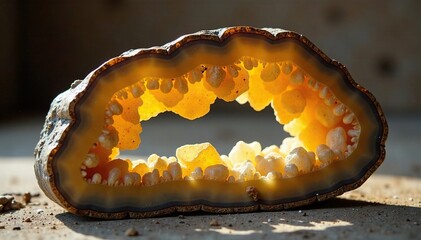 Geode with yellowish-brown ore and dark spots, nature, minerals