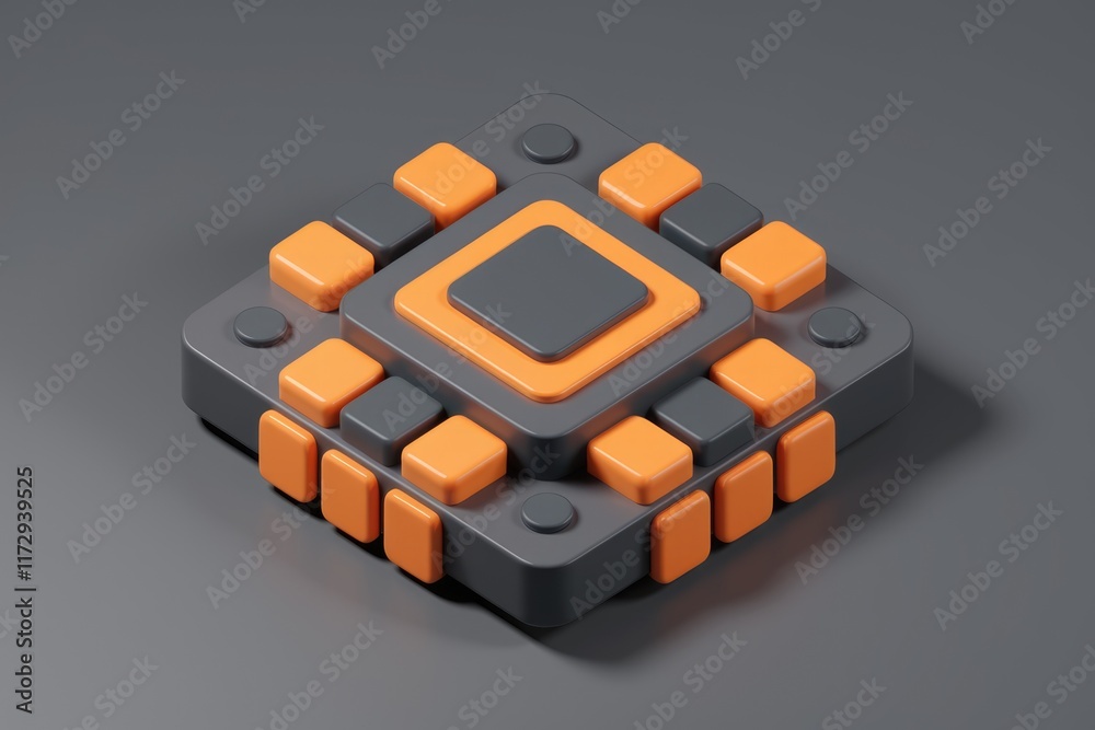 Poster Abstract 3D rendering of a geometric design with orange and gray blocks, creating a layered square pattern.